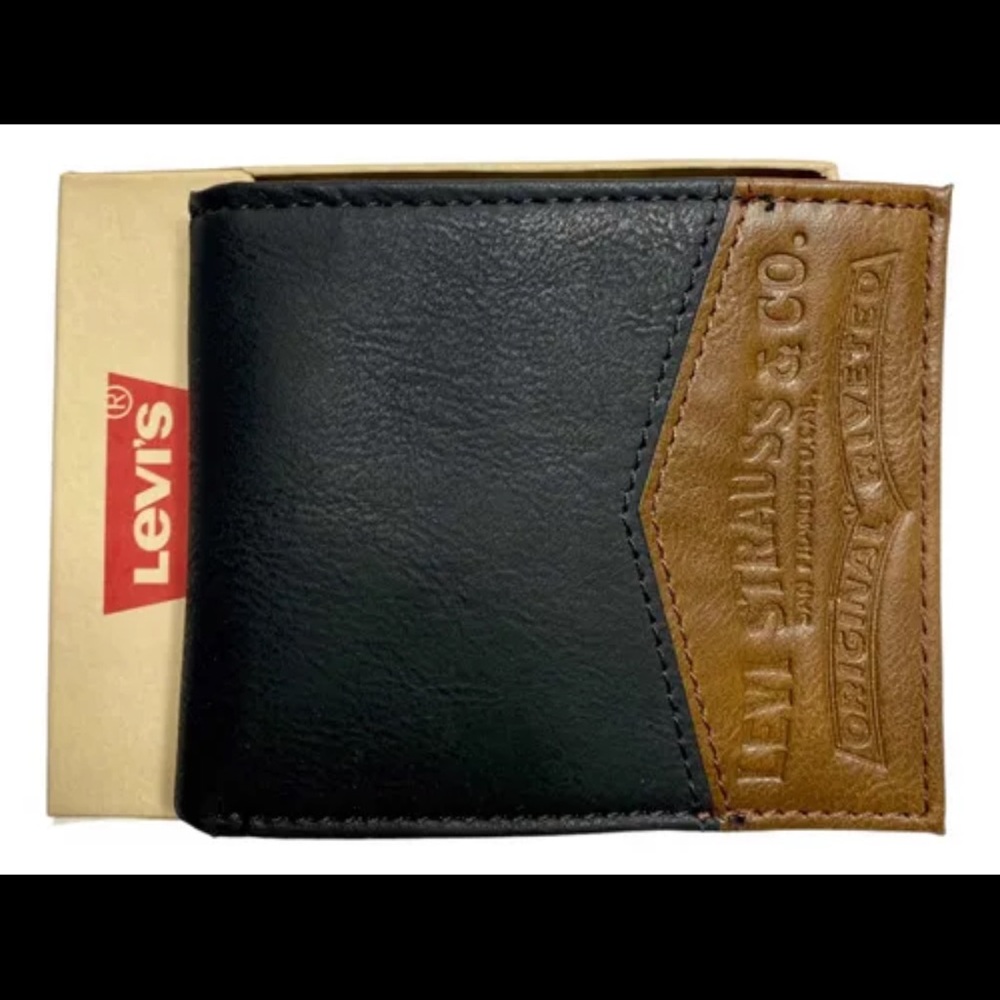 Levi's Black Brown Bifold Wallet for Men Solid Logo Accent Classic Style Leather